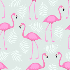 Seamless trendy tropical pattern with pink flamingo birds and tropic areca leaves on gray background. Vector illustration