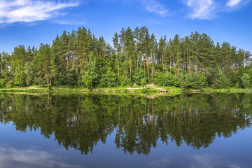 Fototapeta na wymiar Forest lake with reflection in water. Summer relax background