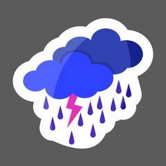 Weather forecast. Clouds of rain and thunder. Cloud thunderstorm.  Vector weathercolored sticker. Layers grouped for easy editing illustration. For your design.