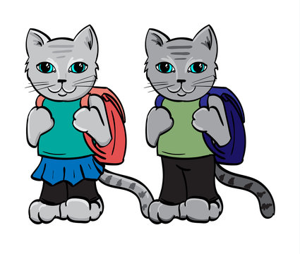 Two Grey Kittens with back packs going to school.