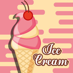 ice cream card cherry cone swwet snack vector illustration