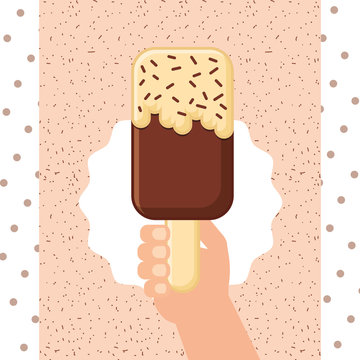 ice scream had holding popsicle of chococalte strawberry passion of sparks dotted background vector illustration
