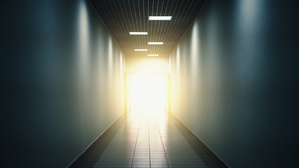 Light at the end of tunnel or corridor, abstract hope and way to freedom concept