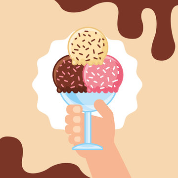 ice screm melted chocolate background cup with three differents flavors vector illustration