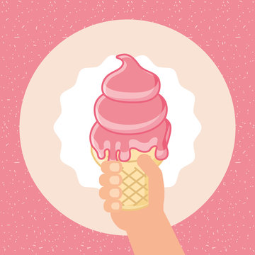 ice scream label stickers melted cone strawberry vector illustration