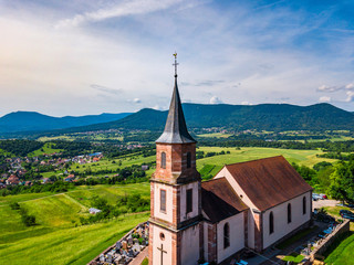 Aerial view of Church Saint-Gilles in Saint-Pierre-Bois, Alsace