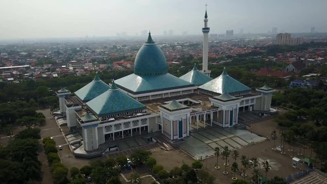 Religious architecture in Indonesia, aerial view of modern mosque Surabaya