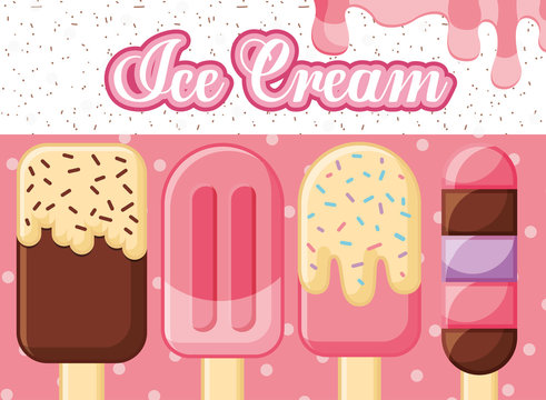 ices scream many popsicles with different flavors striped background vector illustration