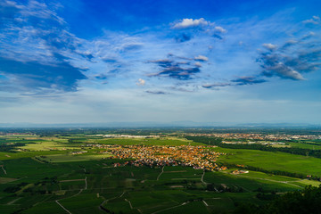 Little alsacien village Scherwiller in green vineyards, aerial view, summer time