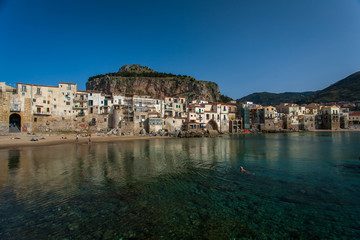 Cefalu Palermo Sicily with fishermen houses facing the Mediterranean Sea.