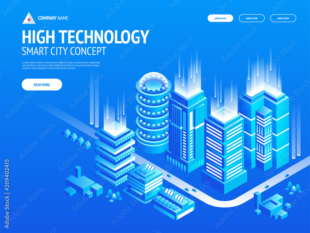 Poster high technology concept composition with smart city. landing page template. header for website.