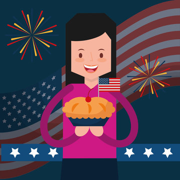 woman holding sweet pie flag fireworks american independence day vector illustration