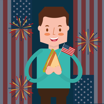 man with sandwich and flag fireworks american independence day vector illustration
