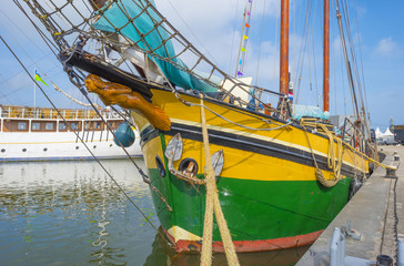 Show of sailing boats in a port in sunlight in spring