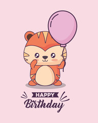 birthday card with cute tiger kawaii character vector illustration design