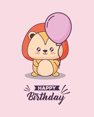 birthday card with cute lion kawaii character vector illustration design