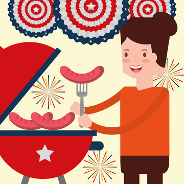 woman roasting sausage and fireworks american independence day vector illustration