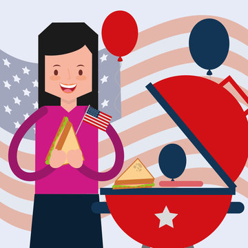 woman eating grilled sandwich with flag american independence day vector illustration