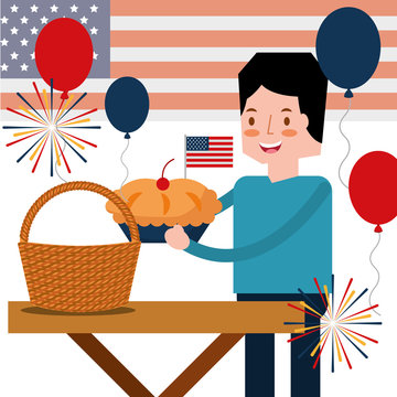 man with pie cake and wicker basket in american independence day vector illustration