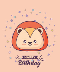 birthday card with cute lion kawaii character vector illustration design