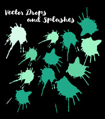 Obraz premium Green Vector Splashes, Hand Painted Watercolor Bang. Indian Holi Color Festival, Paint Burst, Water Splash. Green Vector Craft Logo Element, Holi Paint Burst. Uneven Texture Graffiti Shapes, Buttons.