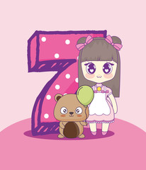 kawaii girl with cute animal and number