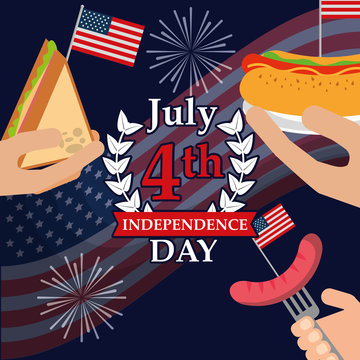 food american independence day hands holding hotdog sandwich fork sausage fireworks celebrate vector illustration