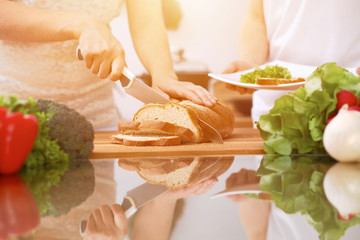 Closeup of human hands cooking in kitchen. Mother and daughter or two female friends cutting bread. Healthy meal, vegetarian food and lifestyle concept