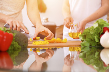 Closeup of human hands cooking in kitchen. Mother and daughter or two female friends cutting vegetables for fresh salad. Healthy meal, vegetarian food and lifestyle concepts