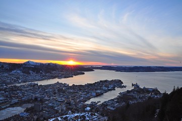 Sunset view of Bergen on floyen mountain