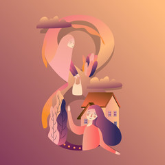 8 March illustration for International Women s Day card. Vector number Eight with background.woman in a home garden