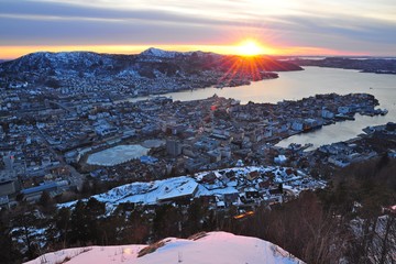 Sunset view of Bergen on floyen mountain
