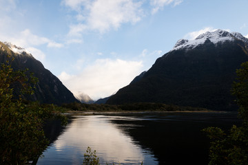 New Zealand Milford Sound Mountains on a bright sunny winter day 