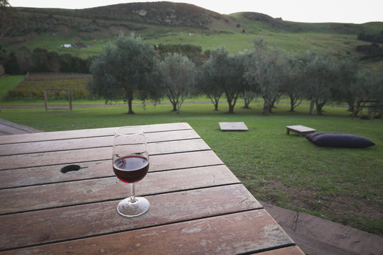 Wine Tasting In New Zealand With Wine On Table Overlooking Mountains Greenery And Vineries 