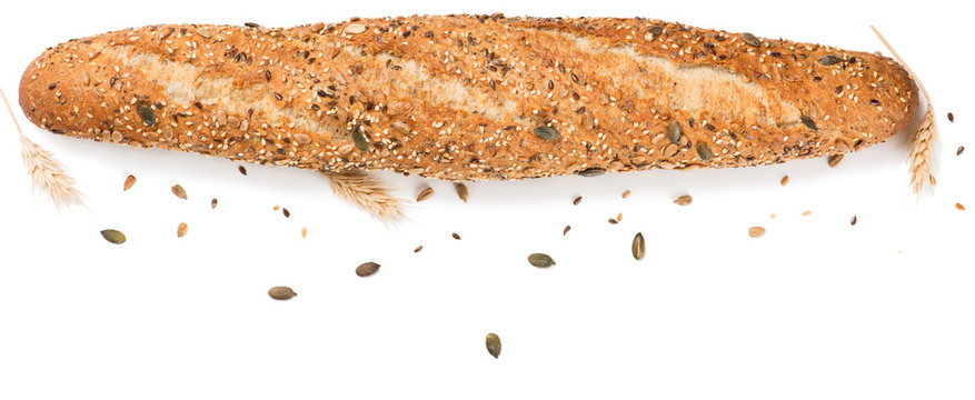 Fresh baguette with cereals, top view.