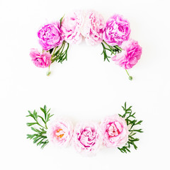 Floral frame of pink roses and peonies flowers on white background. Flat lay, Top view. Copy space composition