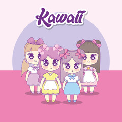 group of cute kawaii girls characters vector illustration design