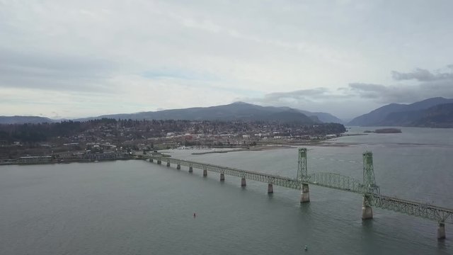 Aerial view of the bridge going across Columbia River from Oregon to Washington.