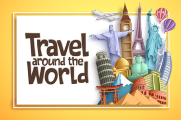Travel and tourism vector background banner design with Travel Around The World text in an empty white space and colorful famous world landmarks and tourist destination. Vector illustration.
