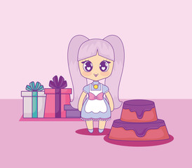 cute kawaii girl with cake birthday card vector illustration design