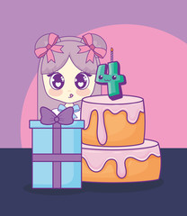 cute kawaii girl with cake birthday card vector illustration design
