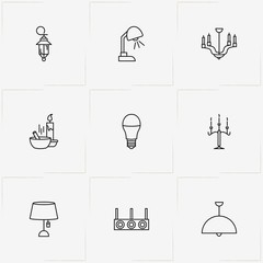 Light line icon set with chandelier, candles  and light bulb