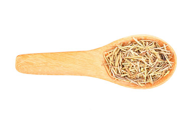 Dry Rosemary in wood spoon on white background