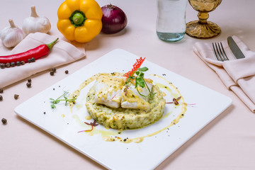risotto with fried halibut