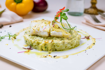 risotto with fried halibut