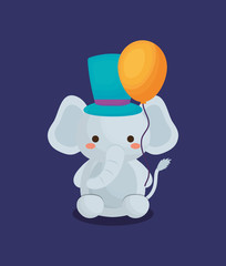 Carnival circus design with cute elephant with top hat and balloon over purple background, colorful design. vector illustration