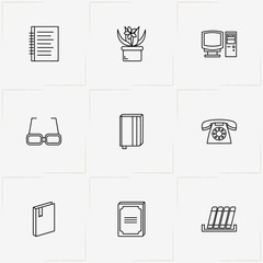 Library line icon set with computer , telephone  and note book