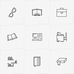 Library line icon set with library table , computer  and spectacle