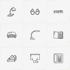 Library line icon set with book, projector and books