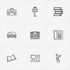 Library line icon set with lamp , telephone  and projector